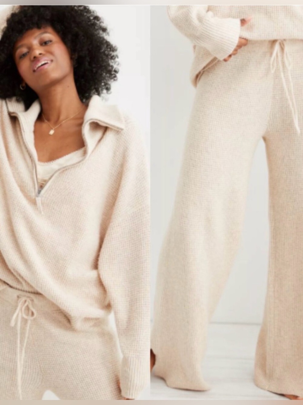 Aerie 2 Piece Knit Set 
CozyUp Quarter Zip & Waffle Knit Skater Pant